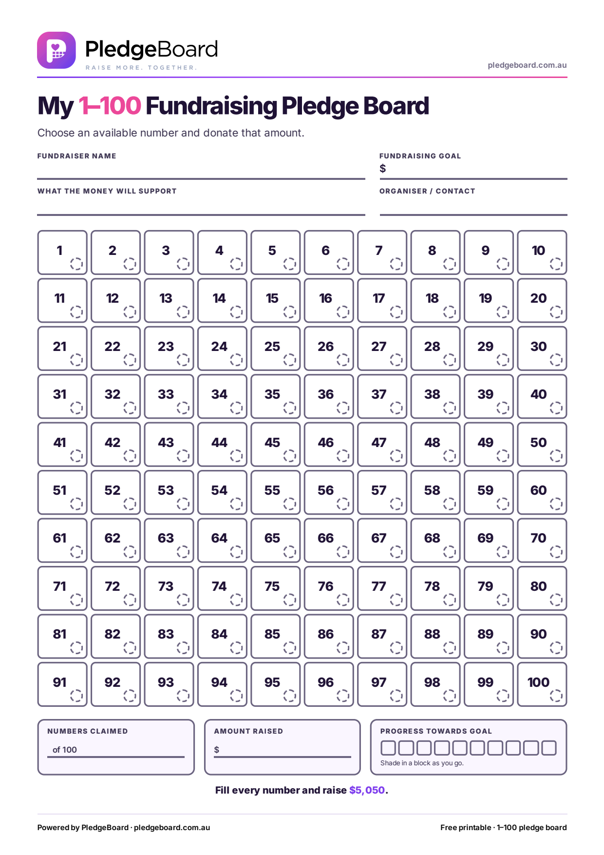 Preview of the colour version of the printable 1 to 100 fundraising pledge board, showing a grid of numbers from 1 to 100